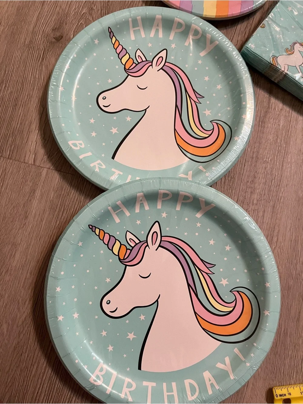 Spritz Mint Unicorn Paper Plates & Napkins with Pastel Rainbow Accents